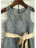 Gray Lace With Champagne Sash Flower Girl Dress 